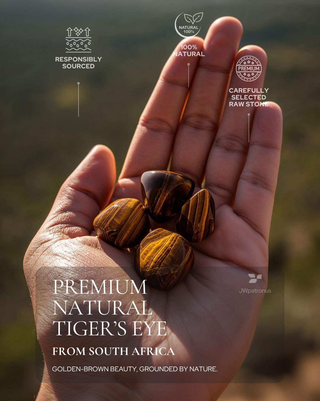 Natural Tiger’s Eye raw stone from South Africa showing rich golden-brown color, natural chatoyancy, and carefully selected gemstone quality for JWPatronus tiger’s eye bracelets.
