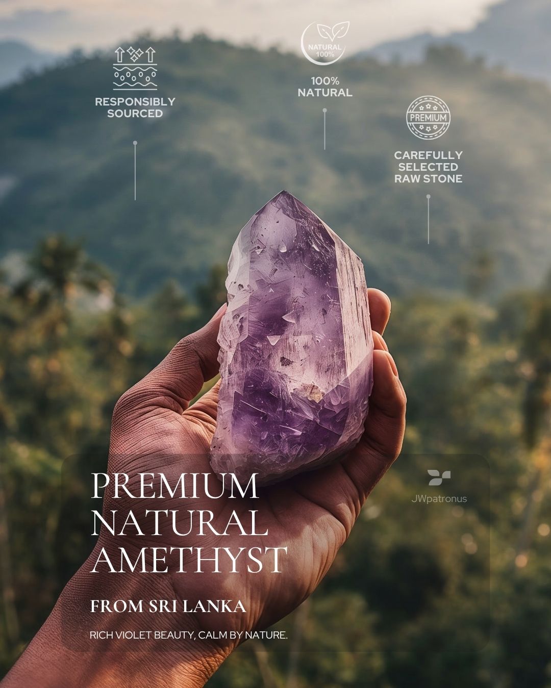 Natural Sri Lankan amethyst raw stone with rich violet tones, used in JWPatronus handmade amethyst crystal bracelets.