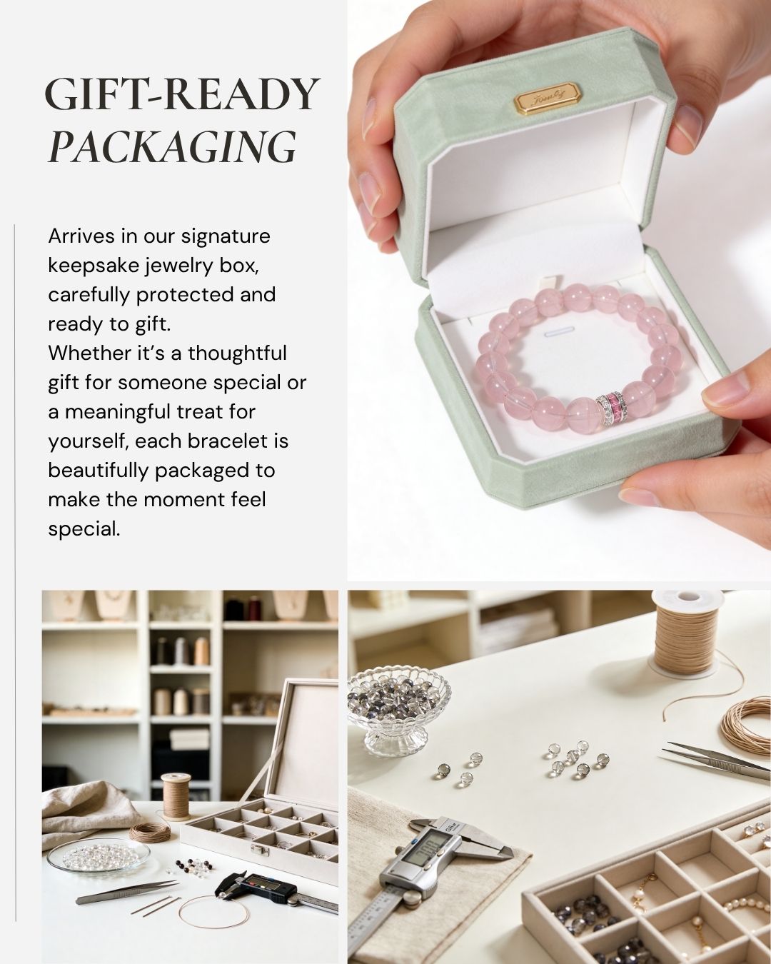 Rose quartz bracelet presented in a gift-ready keepsake jewelry box for thoughtful gifts, self-gifting, and meaningful everyday moments.