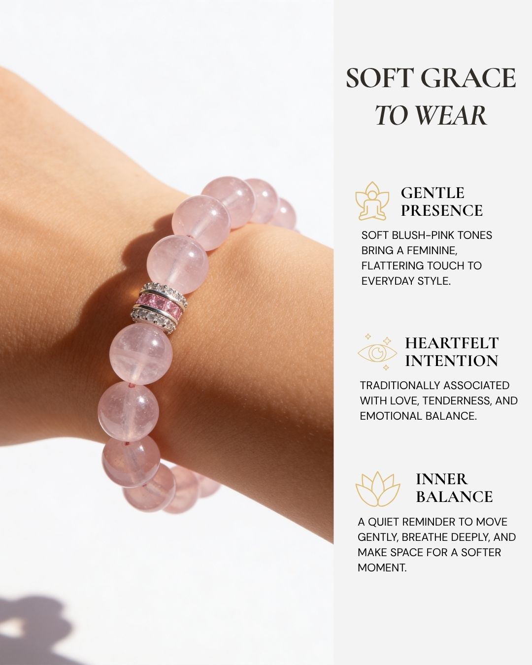 Pure Heart Rose Quartz Bracelet worn on the wrist, featuring soft blush-pink rose quartz beads, feminine everyday style, and a gentle reminder of love, compassion, and emotional warmth.