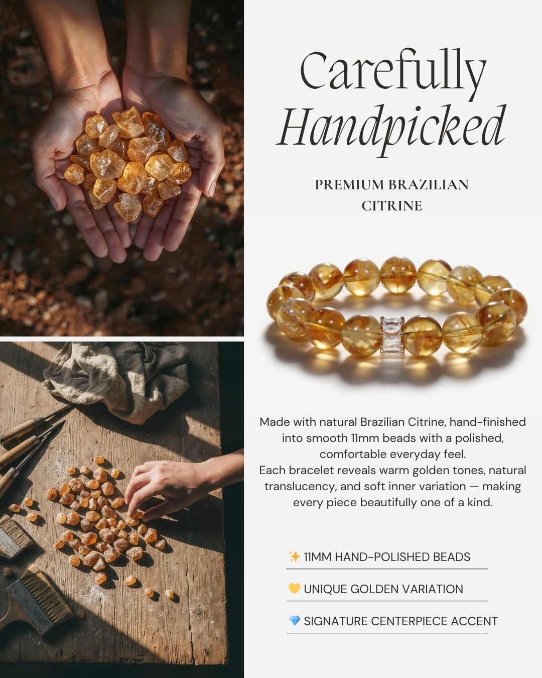 Radiant Citrine Beaded Bracelet made with natural Brazilian citrine, 11mm hand-polished beads, and a refined signature centerpiece accent.