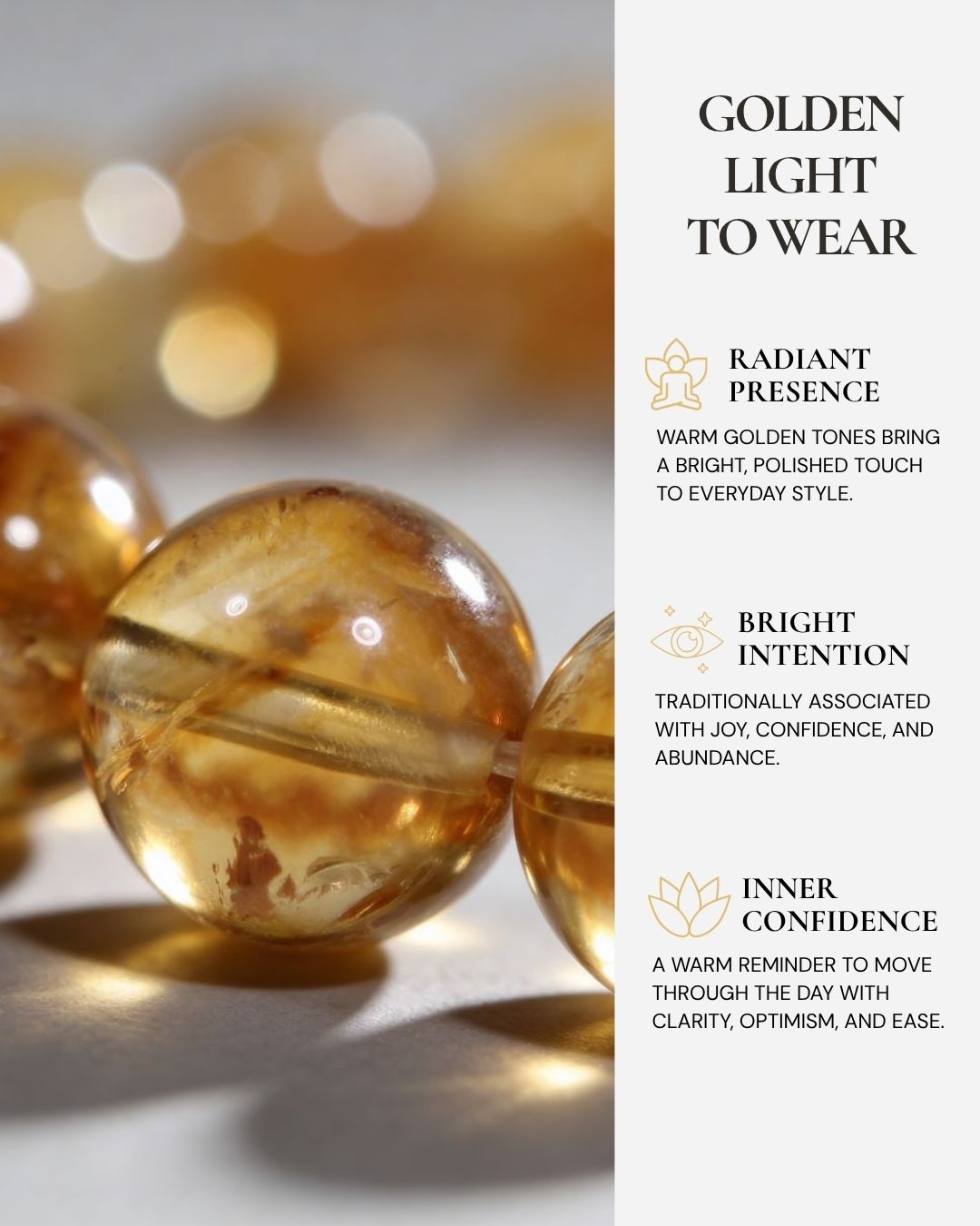 Radiant Citrine Beaded Bracelet worn on the wrist, featuring warm golden citrine beads and a reminder of abundance, confidence, joy, and everyday radiance.