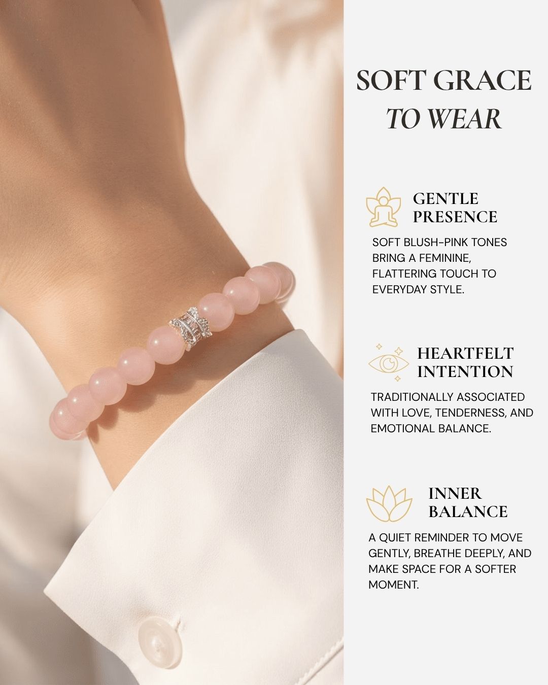 Rose quartz bracelet worn on the wrist, featuring soft blush-pink beads, feminine everyday style, and a gentle reminder of love, tenderness, and inner balance.