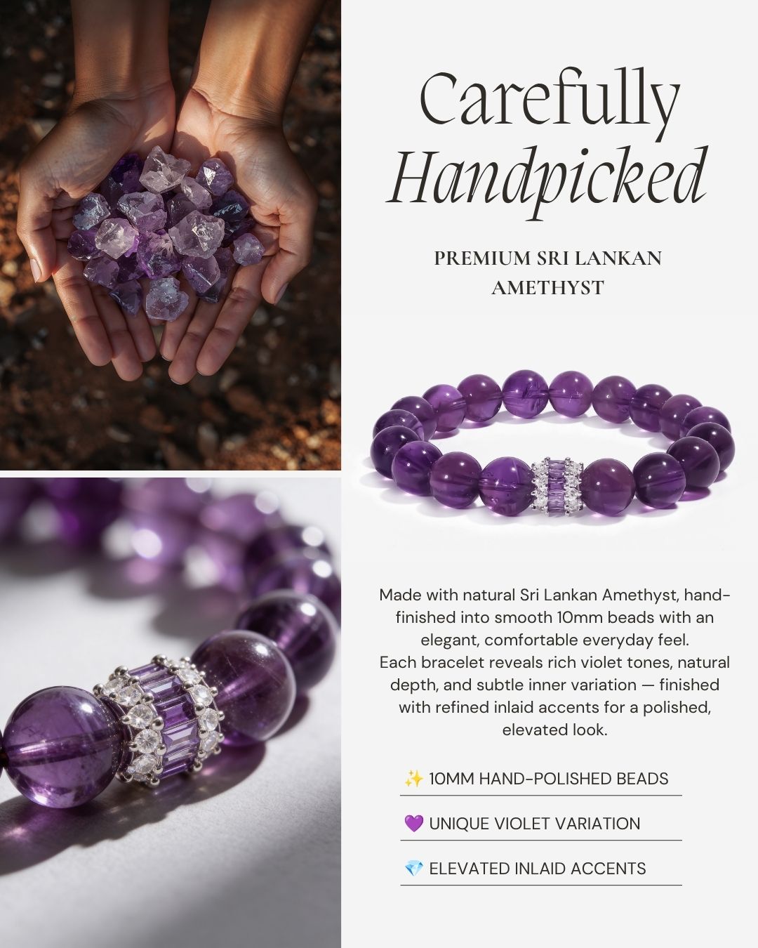 Royal Amethyst Elegance Bracelet made with natural Sri Lankan amethyst, 10mm hand-polished beads, and refined inlaid accents.