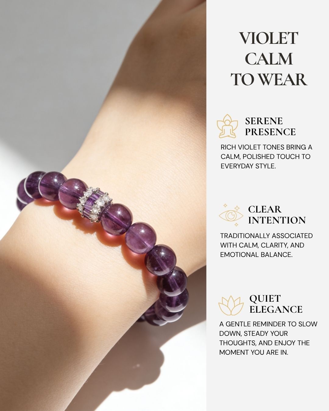Royal Amethyst Elegance Bracelet worn on the wrist, featuring rich violet amethyst beads, timeless elegance, calm clarity, and emotional balance.