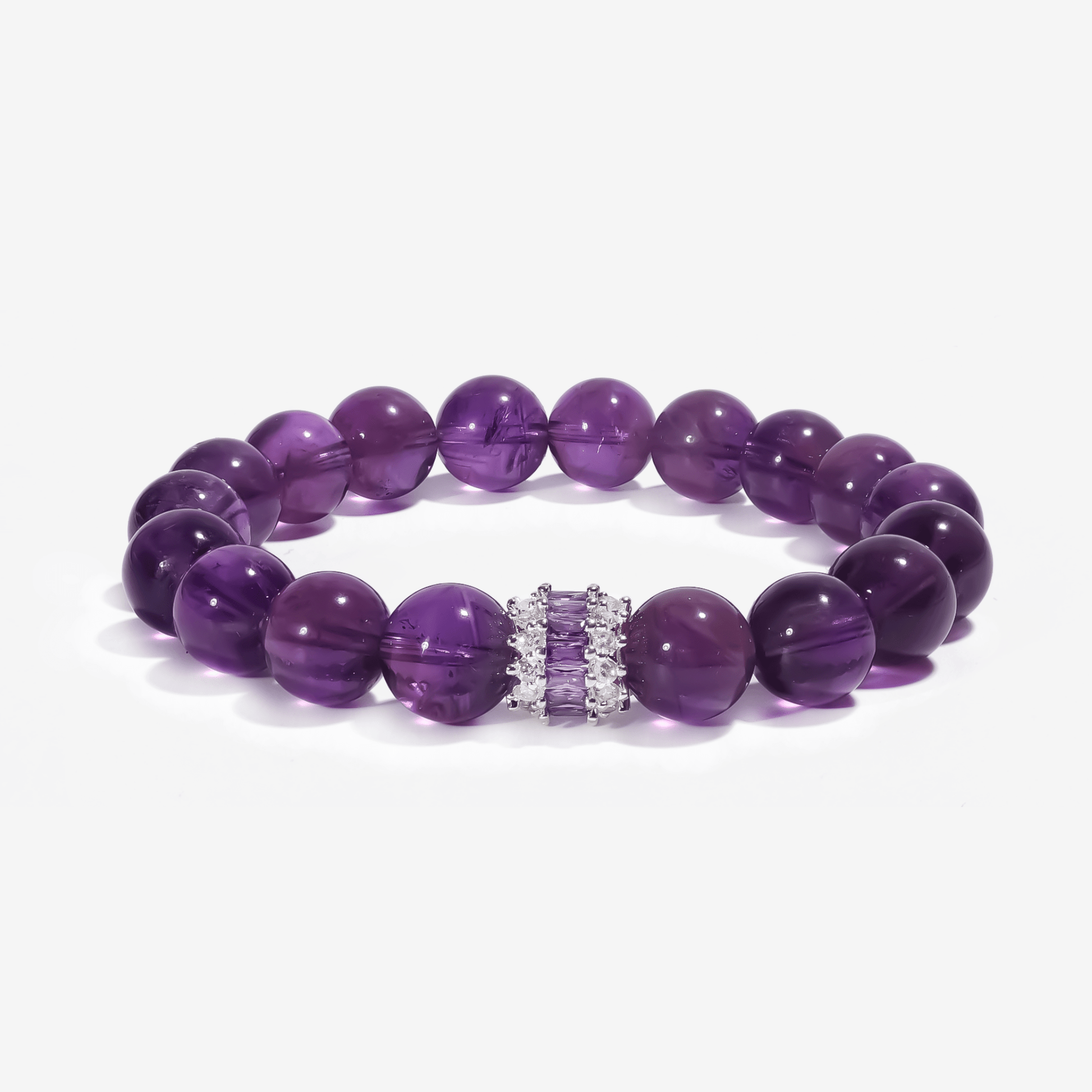 natural Sri Lankan amethyst healing bracelet with polished purple crystal beads and silver centerpiece