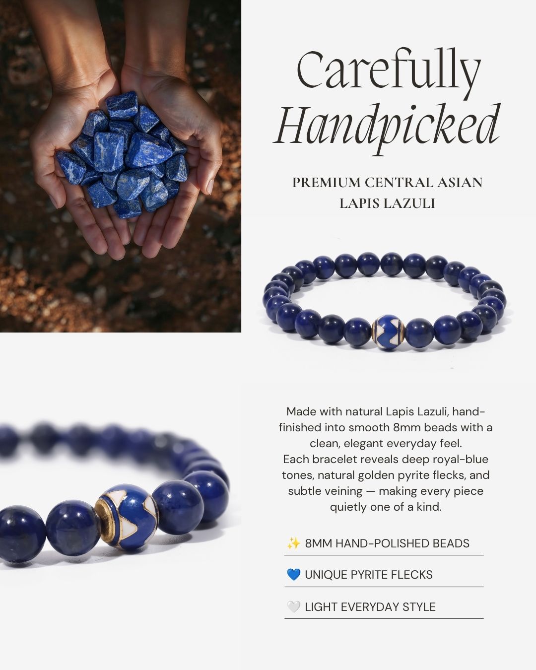 Royal Horizon Lapis Lazuli Bracelet made with natural Lapis Lazuli, 8mm hand-polished beads, deep royal-blue tones, natural golden pyrite flecks, and subtle veining.