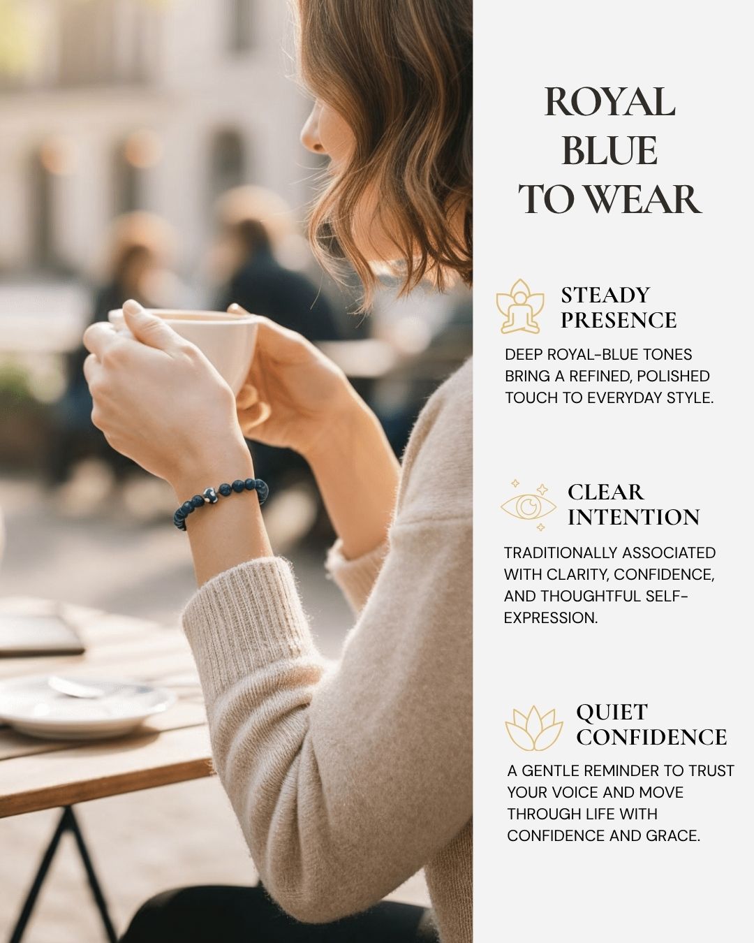 Royal Horizon Lapis Lazuli Bracelet worn on the wrist, featuring deep royal-blue Lapis Lazuli beads, natural golden pyrite flecks, and a reminder of clarity, confidence, and thoughtful self-expression.