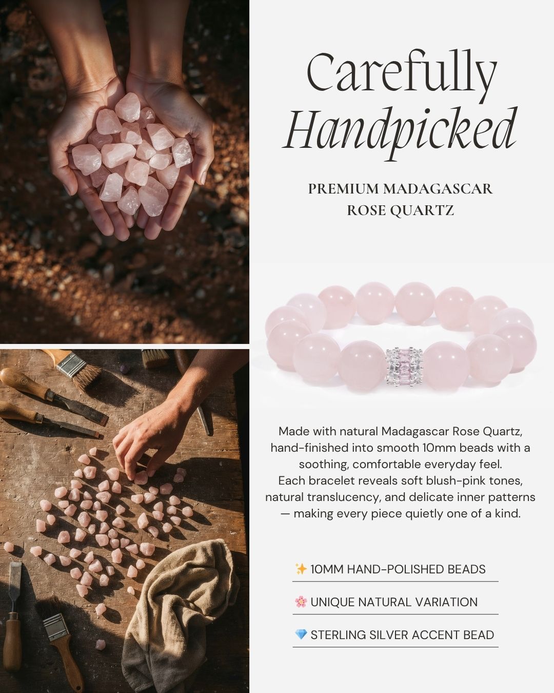 Royal Rose Quartz Serenity Bracelet made with natural Madagascar rose quartz, 10mm hand-polished beads, and a sterling silver accent bead.