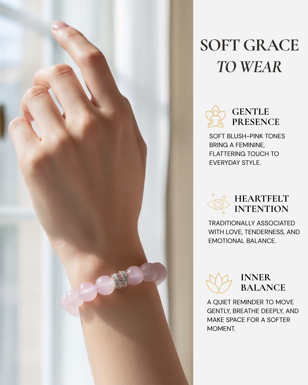 Royal Rose Quartz Serenity Bracelet worn on the wrist, featuring soft blush-pink rose quartz beads, feminine everyday style, and a reminder of love, compassion, and emotional warmth.