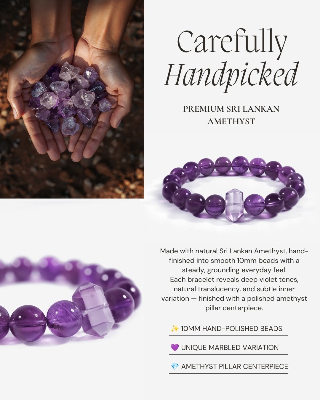 Serene Amethyst Pillar Bracelet made with natural Sri Lankan amethyst, 10mm hand-polished beads, and a polished amethyst pillar centerpiece.