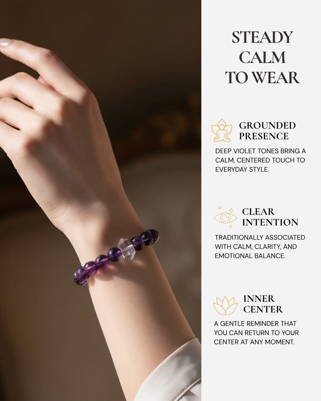 Serene Amethyst Pillar Bracelet worn on the wrist, featuring deep violet amethyst beads and a reminder of calm, clarity, emotional balance, and inner steadiness.