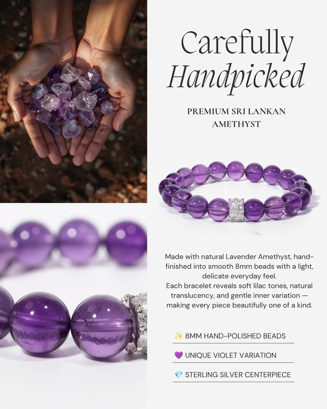 Serenity Bloom Amethyst Bracelet made with natural Sri Lankan lavender amethyst, 8mm hand-polished beads, and a sterling silver centerpiece with subtle crystal accents.