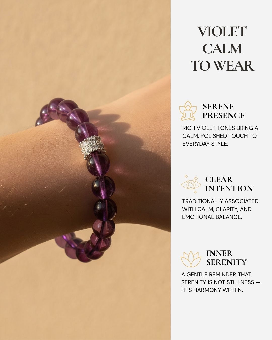 Serenity Bloom Amethyst Bracelet worn on the wrist, featuring soft lilac lavender amethyst beads, feminine everyday style, and a reminder of calm, clarity, and inner serenity.
