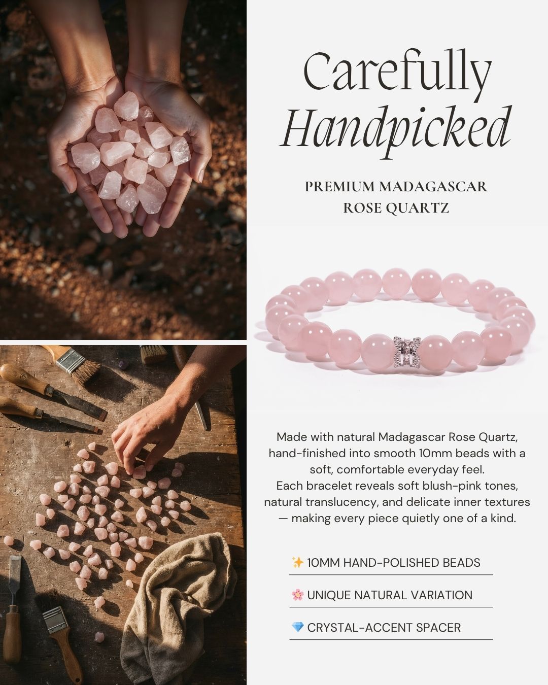Serenity Heart Rose Quartz Bracelet made with natural Madagascar rose quartz, 10mm hand-polished beads, and a silver-tone crystal-accent spacer.