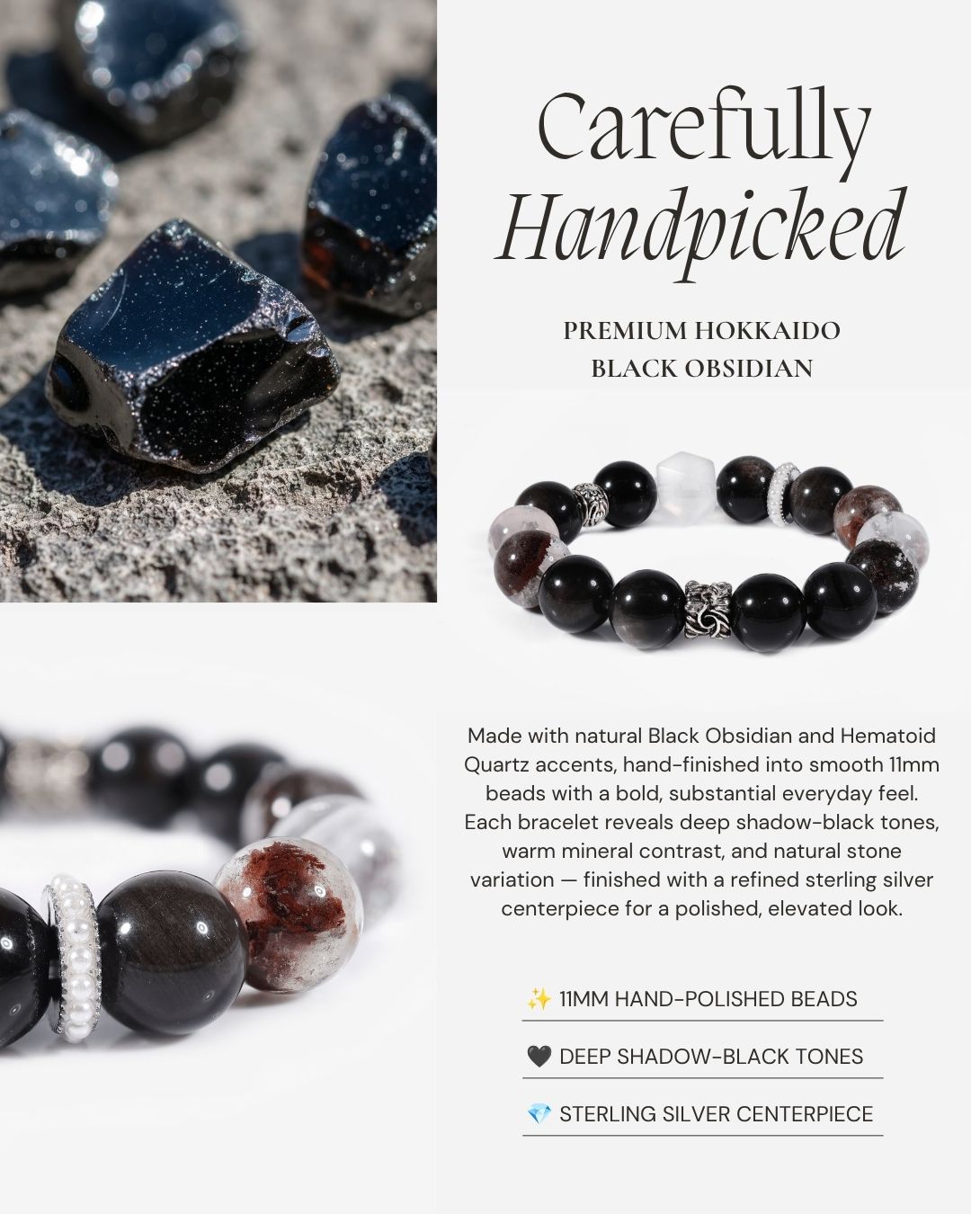 Shadow’s Embrace Obsidian Bracelet made with natural Black Obsidian, Hematoid Quartz accents, 11mm hand-polished beads, deep shadow-black tones, and a sterling silver centerpiece.
