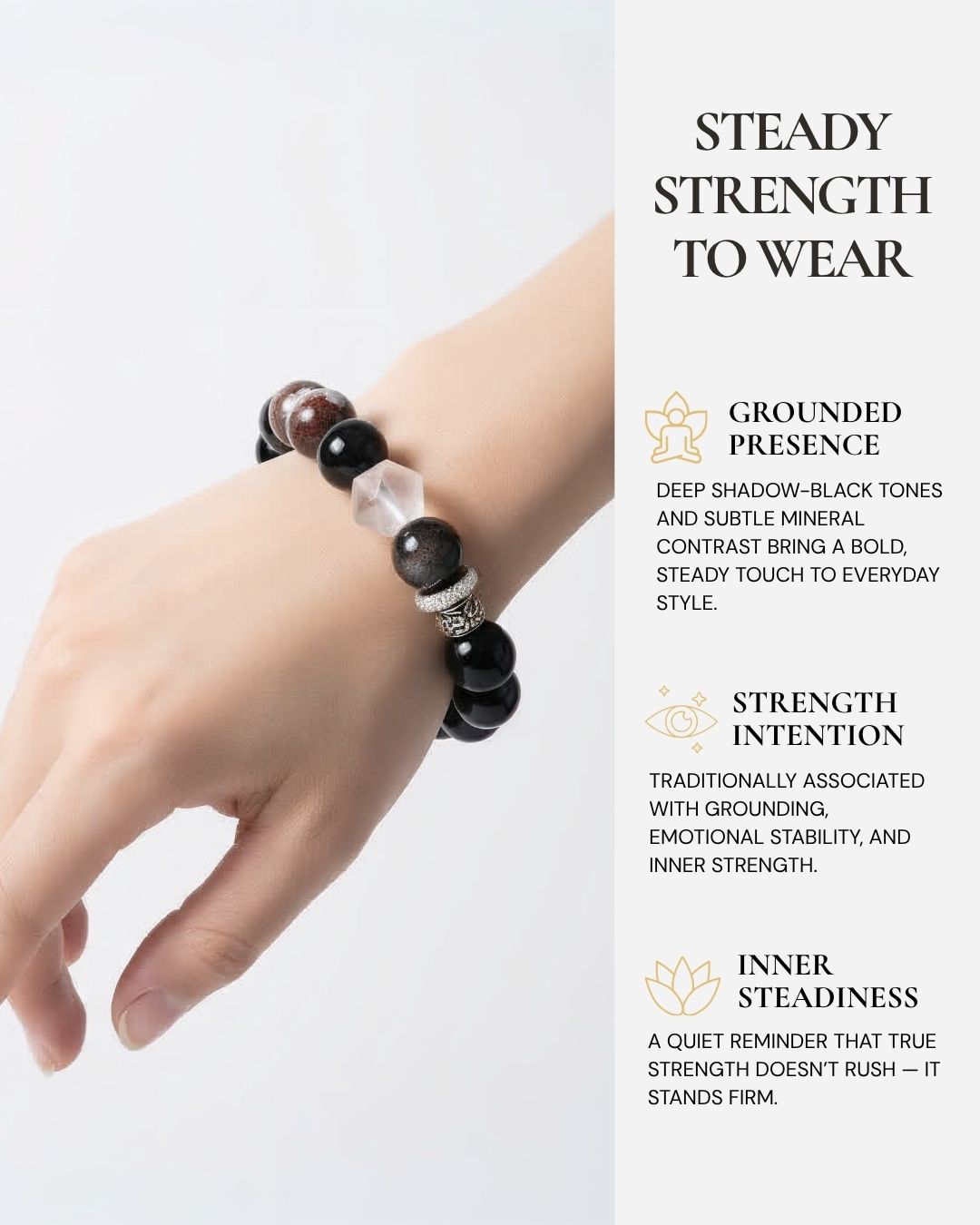 Shadow’s Embrace Obsidian Bracelet worn on the wrist, featuring deep black Obsidian beads, Hematoid Quartz mineral accents, a sterling silver centerpiece, and a reminder of grounding, emotional stability, and inner strength.