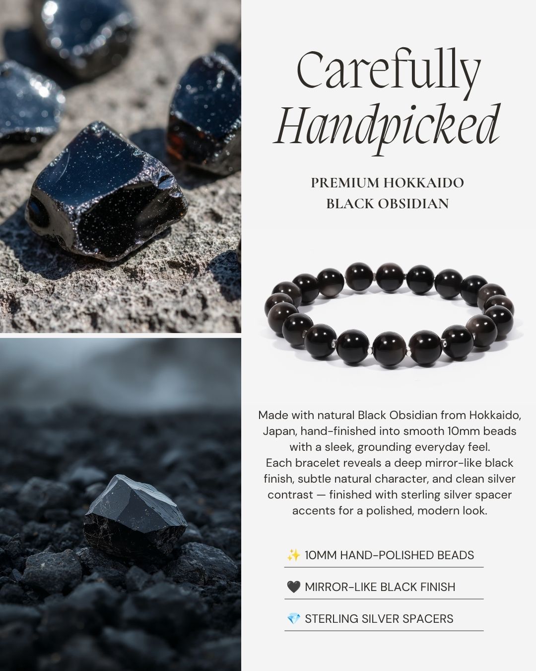 Silent Guardian bracelet with 10mm Hokkaido black obsidian beads and sterling silver spacers by JWPatronus.