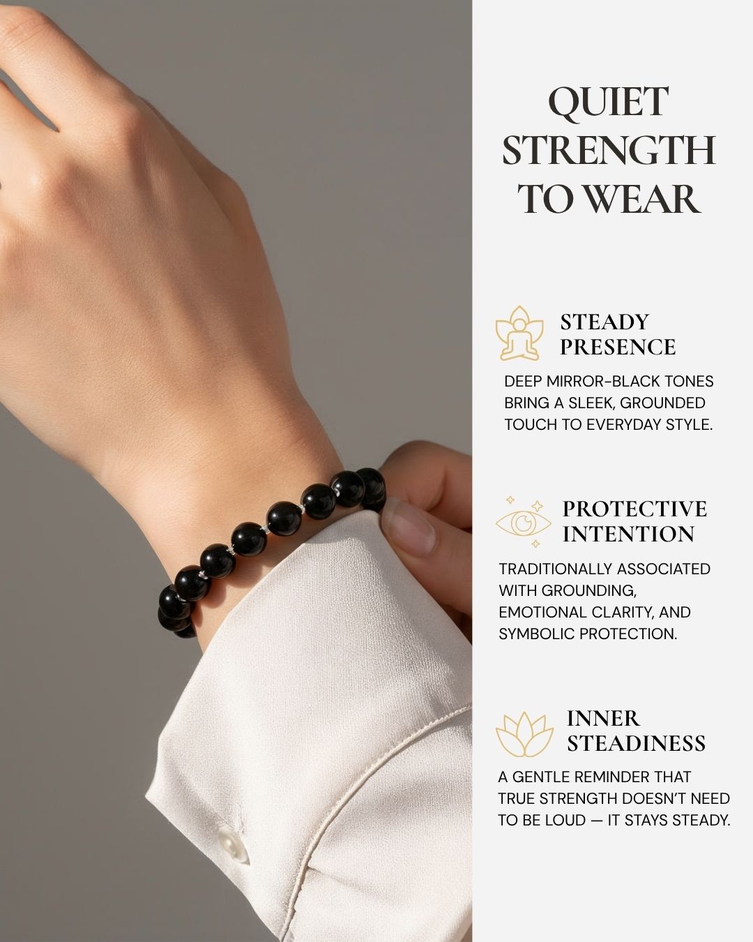 Silent Guardian Obsidian Bracelet worn on the wrist, featuring deep black Obsidian beads, sterling silver spacer accents, and a reminder of grounding, emotional clarity, symbolic protection, and inner steadiness.