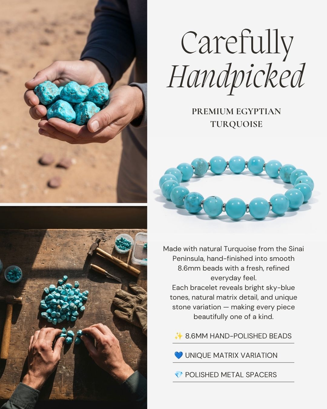 Skybound Turquoise Beaded Bracelet made with natural turquoise from the Sinai Peninsula, 8.6mm hand-polished beads, natural matrix detail, and polished metal spacers.