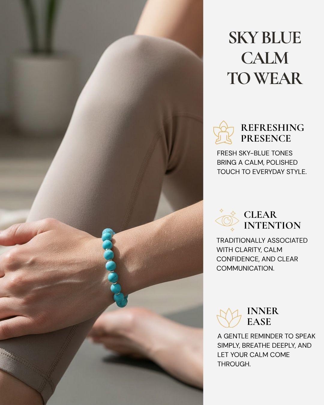 Skybound Turquoise Beaded Bracelet worn on the wrist, featuring fresh sky-blue turquoise beads, natural matrix detail, and a reminder of clarity, calm confidence, and clear communication.