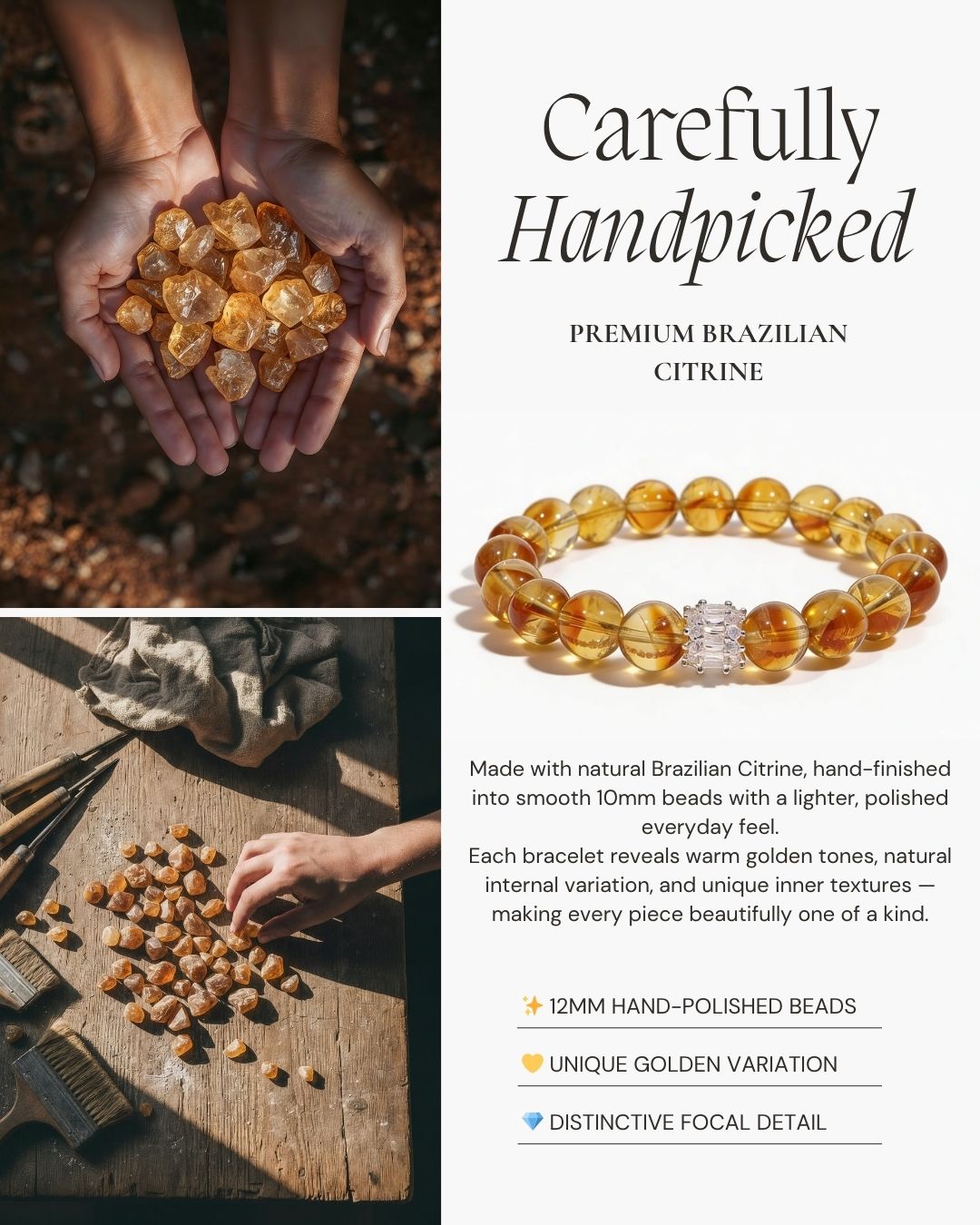 Solar Radiance Citrine Bracelet made with natural Brazilian citrine, 10mm hand-polished beads, and a distinctive focal bead detail.