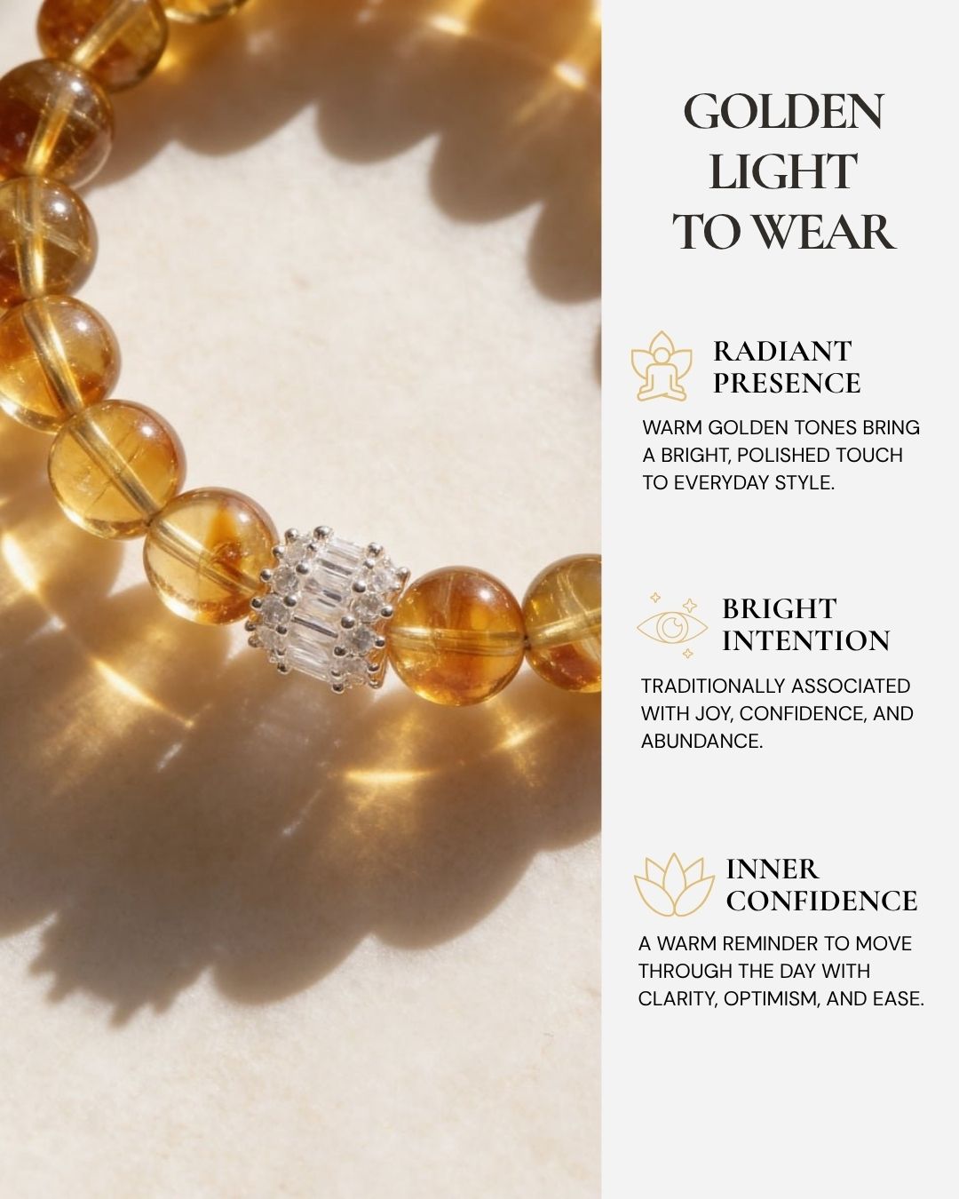 Solar Radiance Citrine Bracelet worn on the wrist, featuring warm golden citrine beads, everyday radiance, and a reminder of joy, confidence, and abundance.