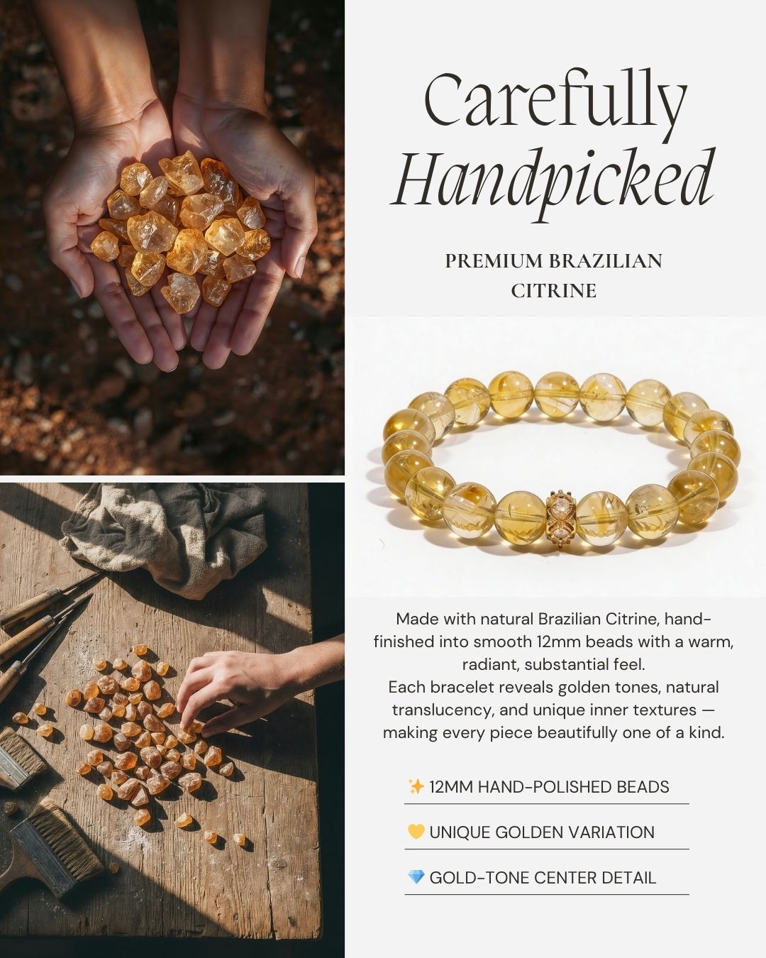 Sunlit Abundance Brazilian Citrine Bracelet made with natural Brazilian citrine, 12mm hand-polished beads, and a refined gold-tone centerpiece detail.