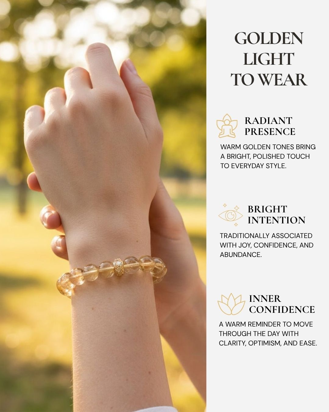 Sunlit Abundance Brazilian Citrine Bracelet worn on the wrist, featuring warm golden citrine beads and a reminder of joy, confidence, abundance, and everyday optimism.