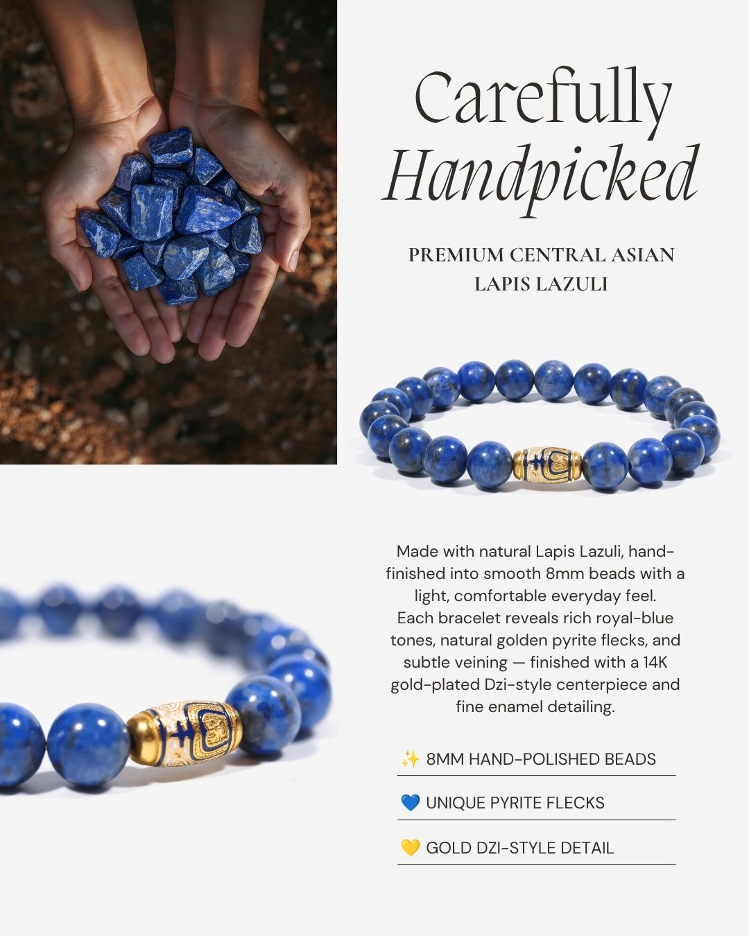 Tranquil Lapis Lazuli Beaded Bracelet made with natural Lapis Lazuli, 8mm hand-polished beads, rich royal-blue tones, natural golden pyrite flecks, and a 14K gold-plated Dzi-style centerpiece with fine enamel detailing.