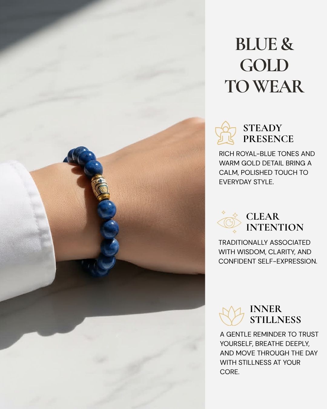 Tranquil Lapis Lazuli Beaded Bracelet worn on the wrist, featuring rich royal-blue Lapis Lazuli beads, natural golden pyrite flecks, warm gold Dzi-style detail, and a reminder of wisdom, clarity, and inner stillness.