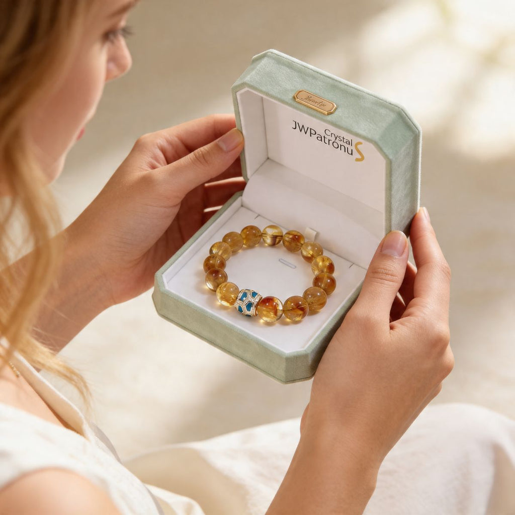Gift-ready Citrine bracelet in jewelry box with natural golden beads and Green Agate centerpiece