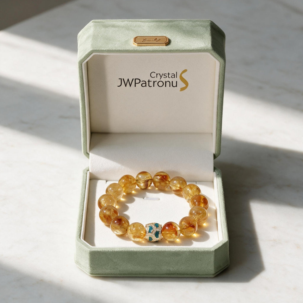 Amber Glow Citrine Bracelet presented in the signature JWPatronus gift box.