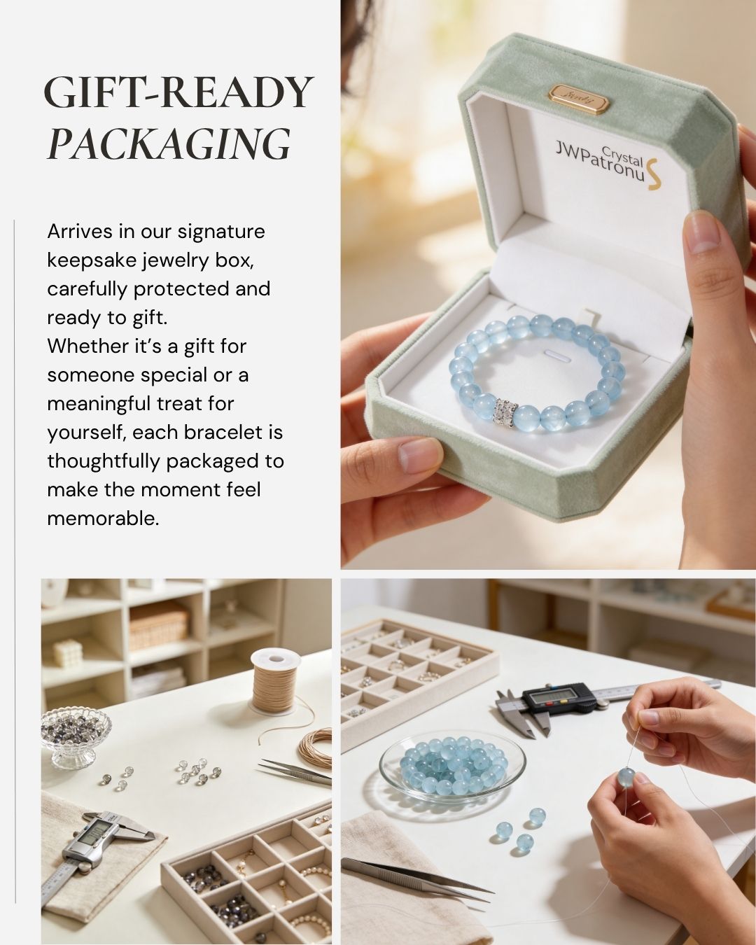 Aquamarine crystal bracelet with gift-ready jewelry box packaging for birthdays, self-gifting, and meaningful gifts for her.