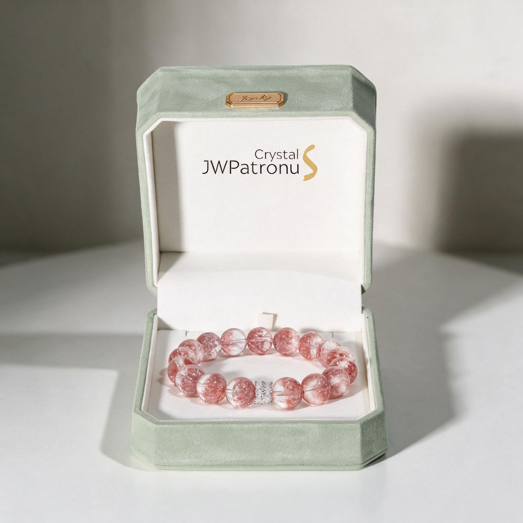 Aurora Bloom Strawberry Quartz bracelet presented in a JWPatronus keepsake gift box.