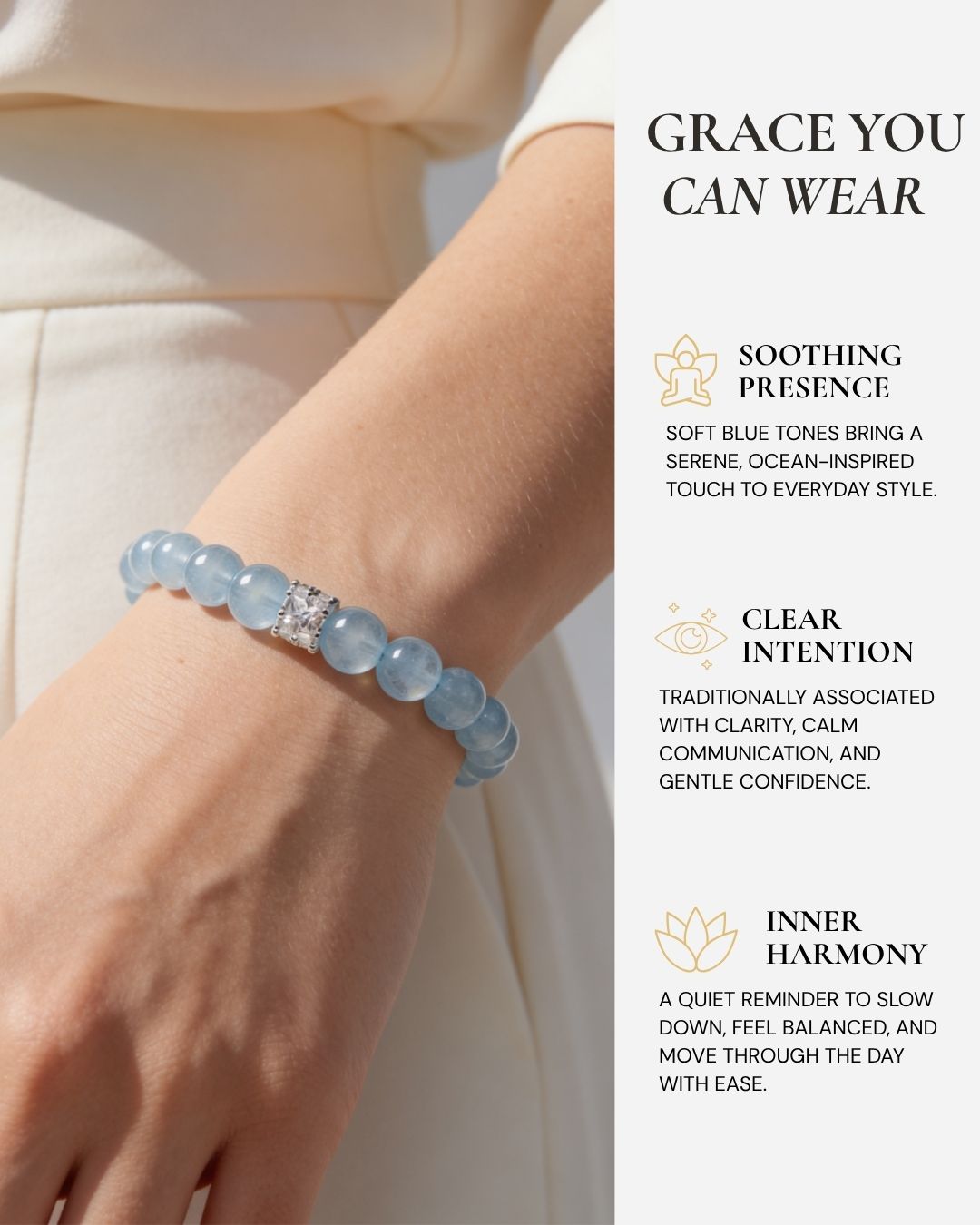 Close-up of a blue aquamarine crystal bracelet symbolizing calm, clarity, inner harmony, and everyday confidence.