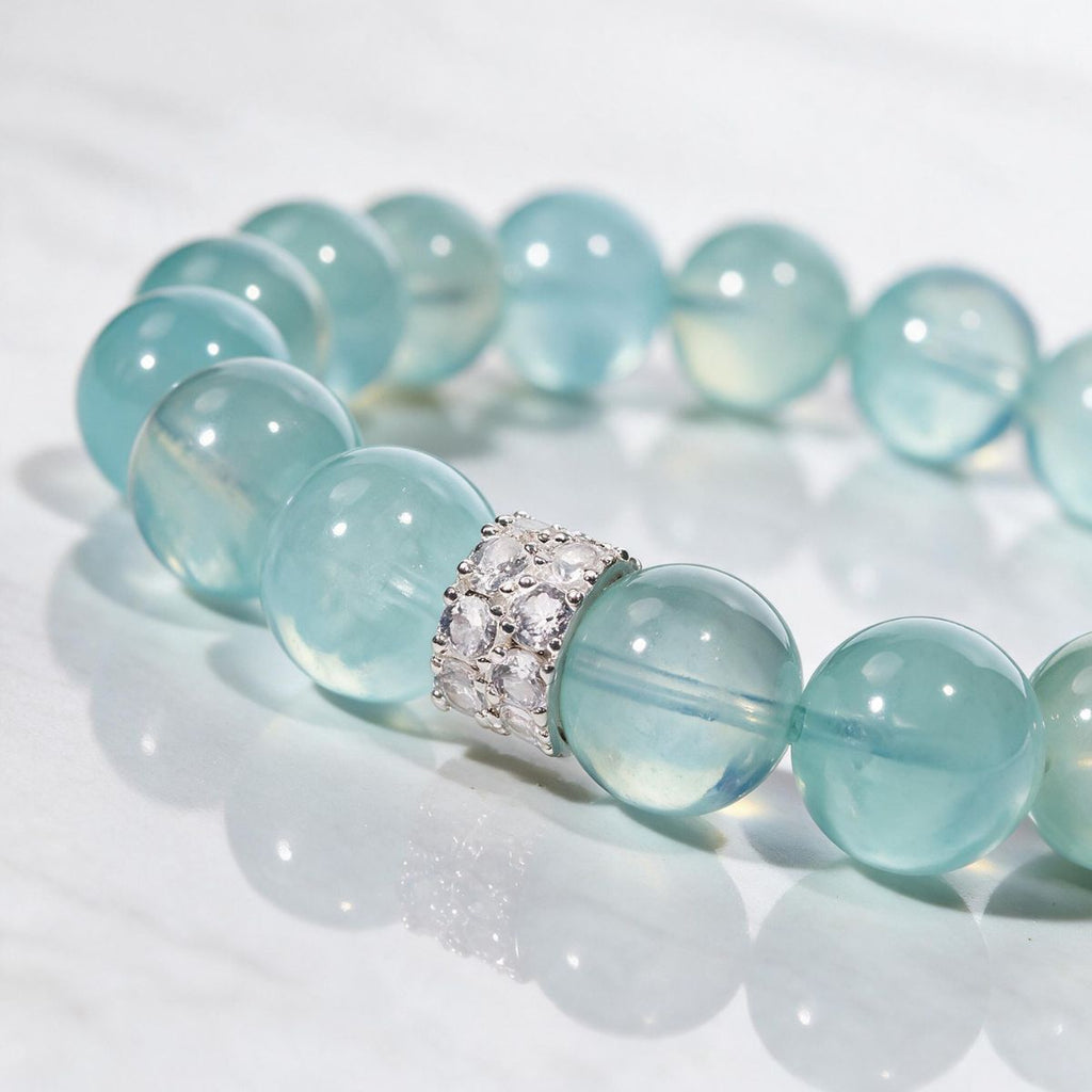 Close-up of the Silver Halo centerpiece and hand-polished natural aquamarine beads