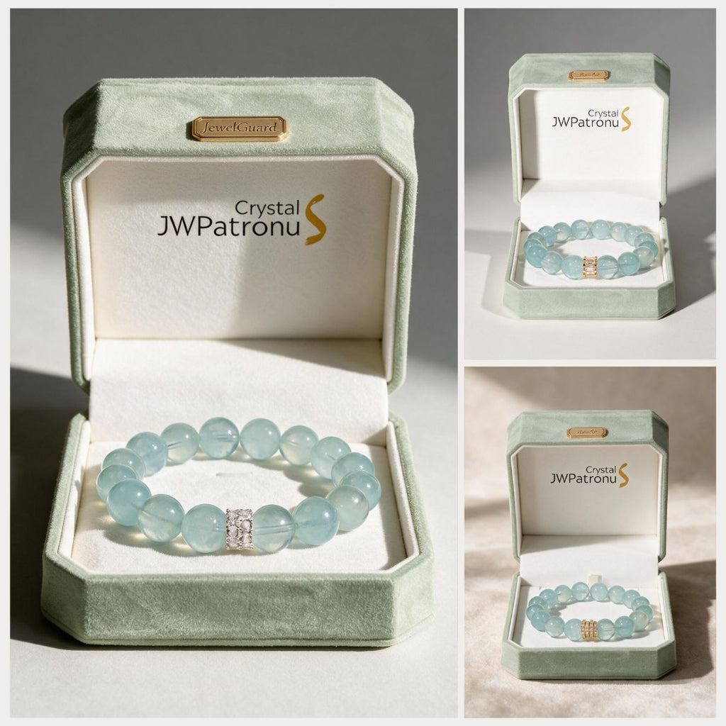 Blue Horizon aquamarine bracelet centerpiece styles presented in JWPatronus gift-ready jewelry boxes