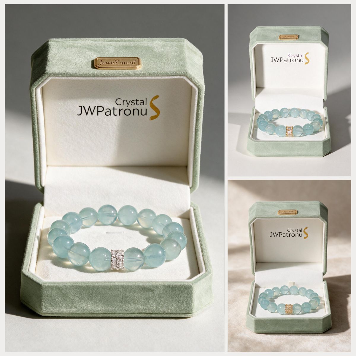 Blue Horizon aquamarine bracelet centerpiece styles presented in JWPatronus gift-ready jewelry boxes