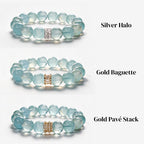Blue Horizon aquamarine bracelet in Silver Halo, Gold Baguette, and Gold Pavé Stack centerpiece styles