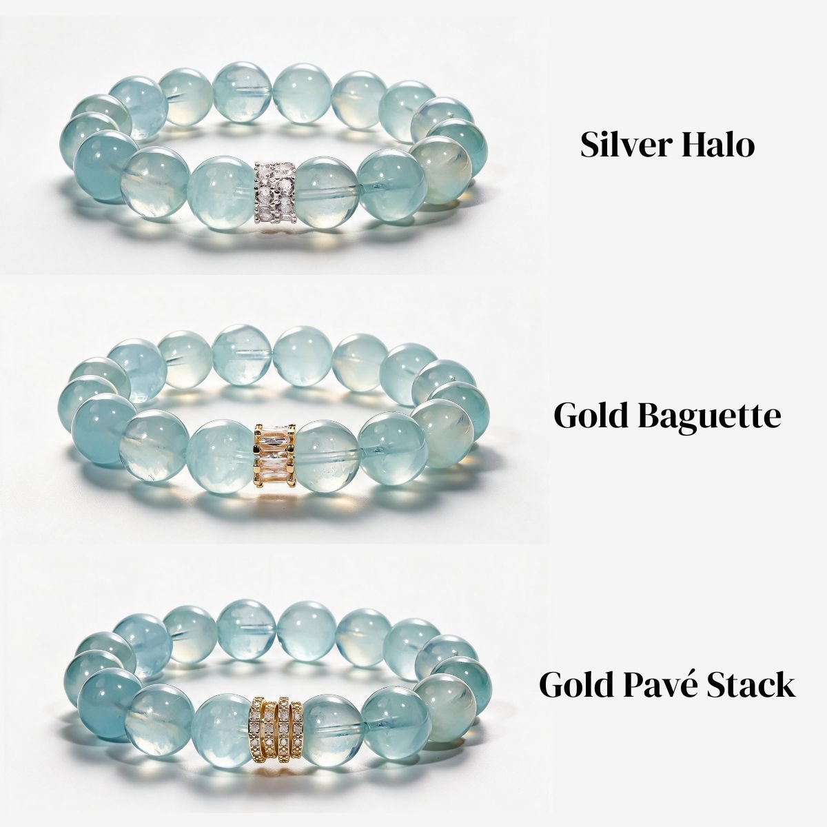 Blue Horizon aquamarine bracelet in Silver Halo, Gold Baguette, and Gold Pavé Stack centerpiece styles