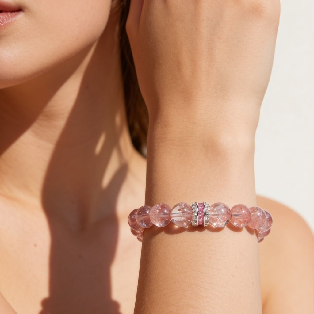Blush Harmony Strawberry Quartz Beaded Bracelet by JWPatronus – natural crystal bracelet for women