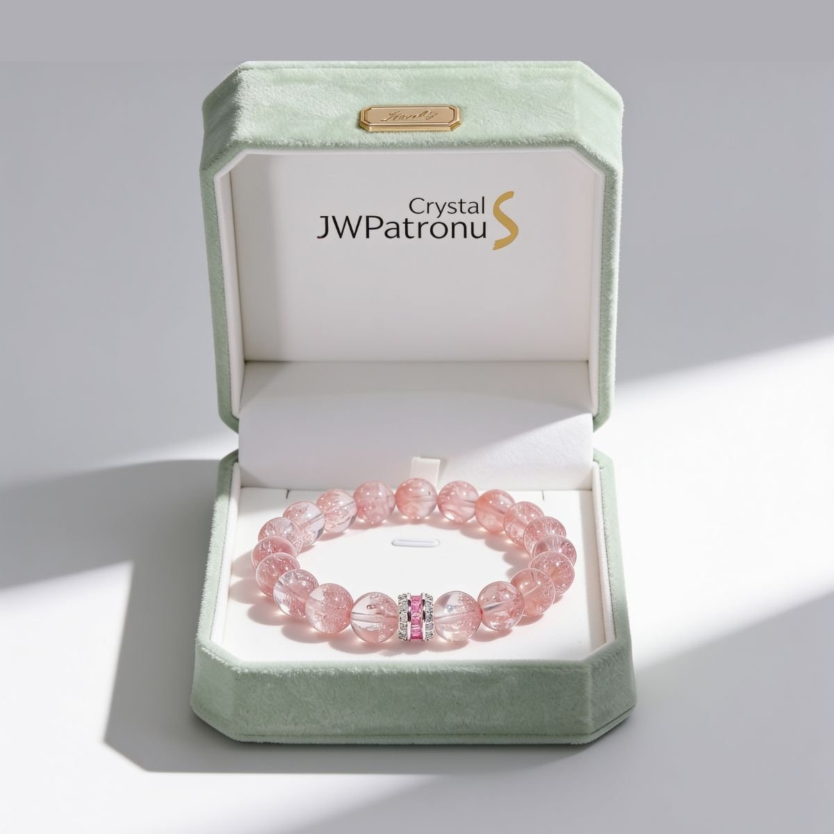 Blush Harmony Strawberry Quartz Beaded Bracelet displayed in a gift-ready JWPatronus jewelry box