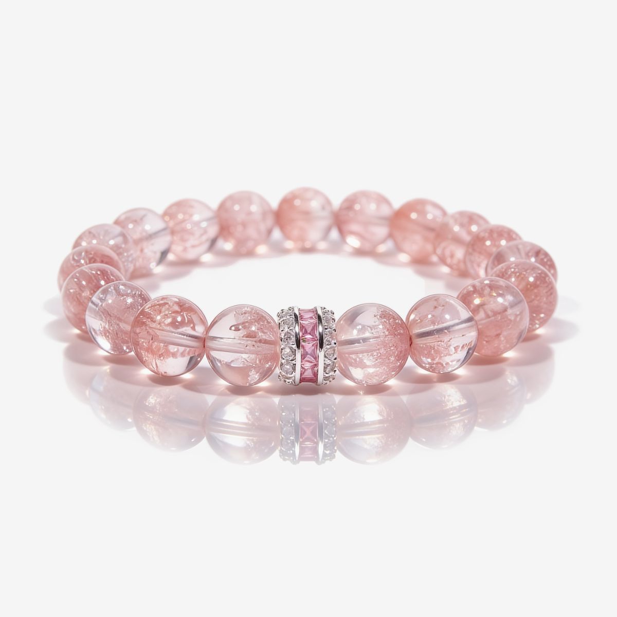 Blush Harmony Strawberry Quartz Beaded Bracelet with 10mm rosy-pink beads and silver-tone pink baguette centerpiece