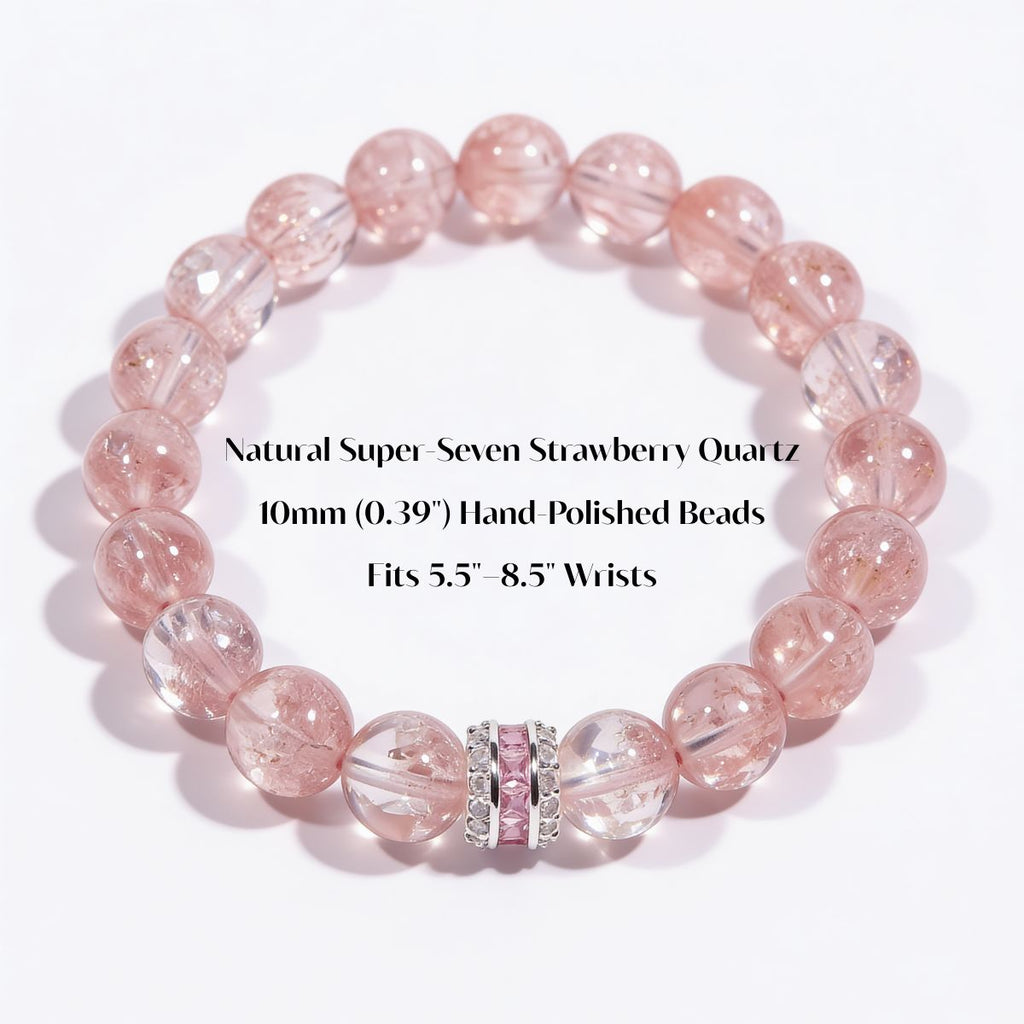 Blush Harmony Strawberry Quartz bracelet size details showing 10mm hand-polished beads and 5.5 to 8.5 inch wrist fit