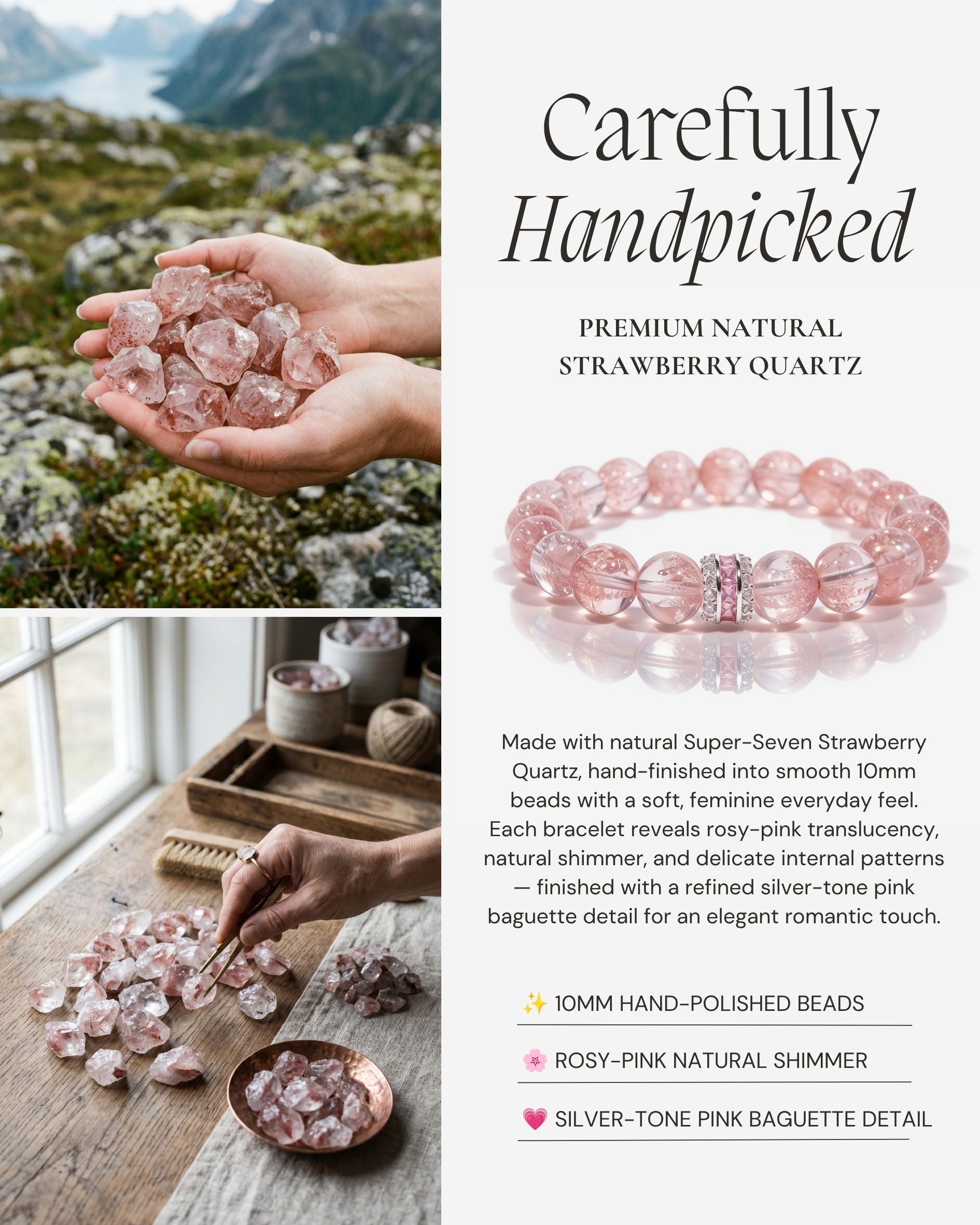 Handpicked natural Strawberry Quartz stones beside the Blush Harmony Strawberry Quartz Beaded Bracelet, showing rosy-pink shimmer, 10mm beads, and a silver-tone pink baguette centerpiece.