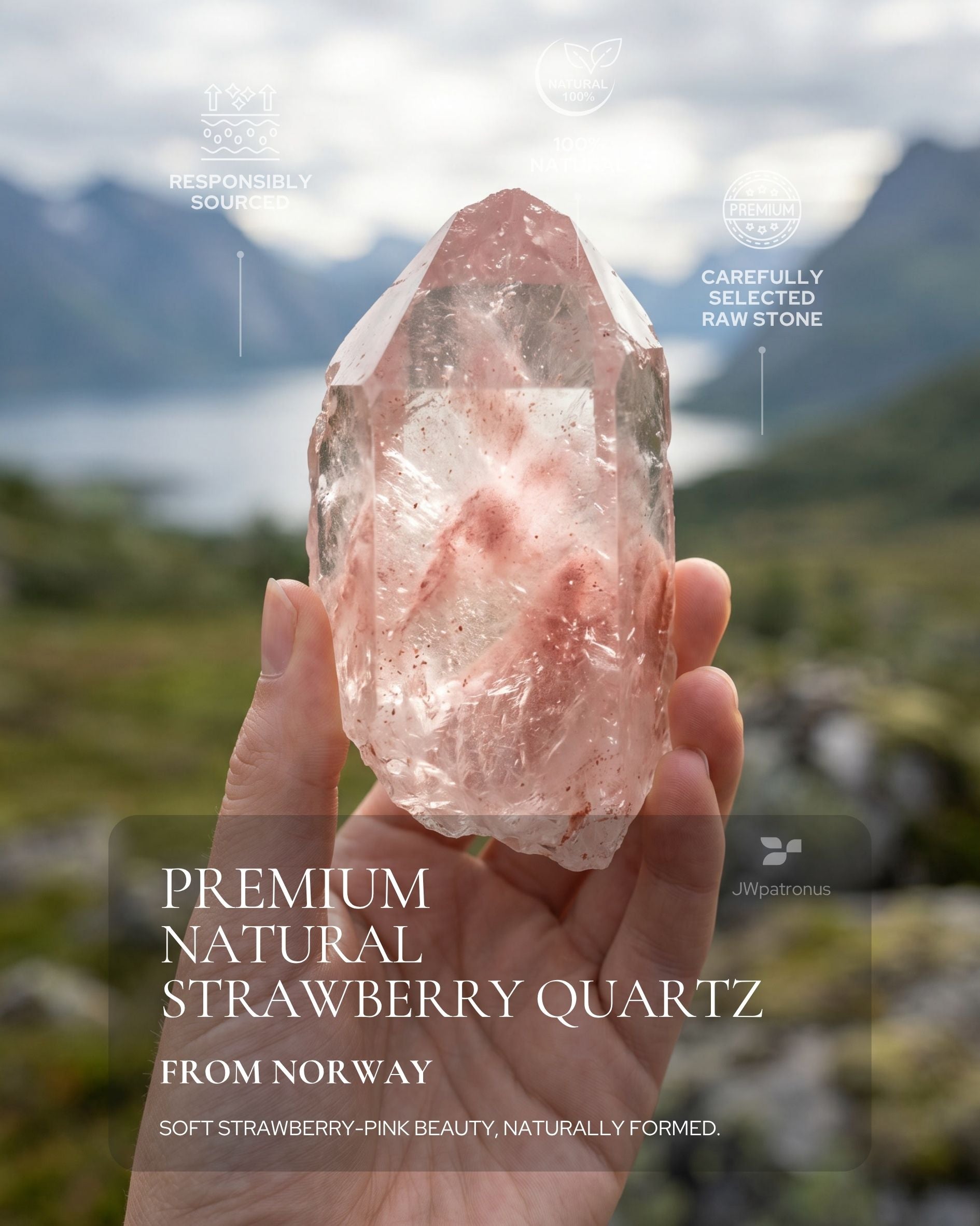 Natural Strawberry Quartz crystal from Norway with soft rosy-pink translucency, shown as the raw gemstone inspiration for the Blush Harmony Strawberry Quartz Beaded Bracelet.