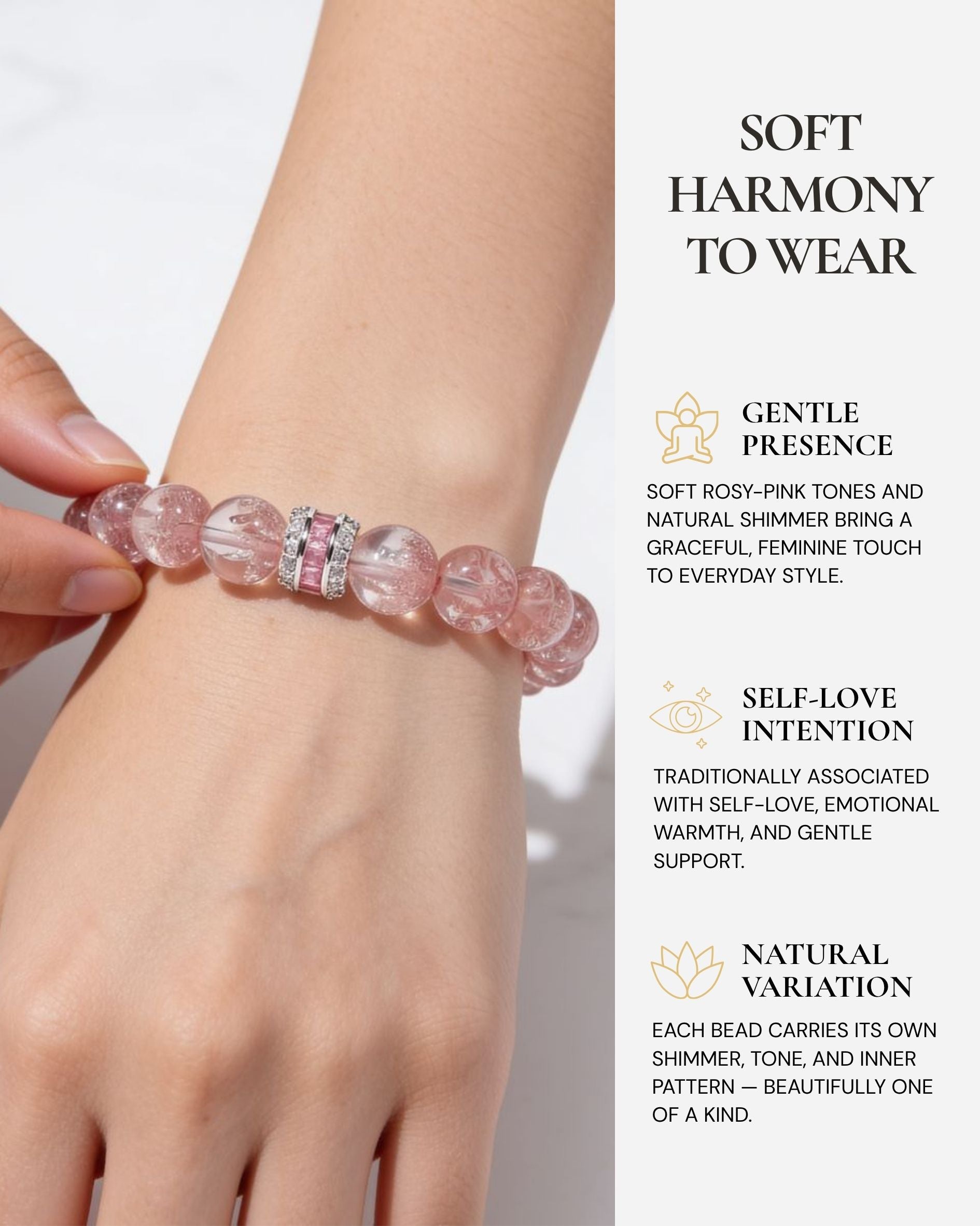 Blush Harmony Strawberry Quartz Beaded Bracelet worn on the wrist, featuring natural rosy-pink 10mm beads and a silver-tone pink baguette-style centerpiece.