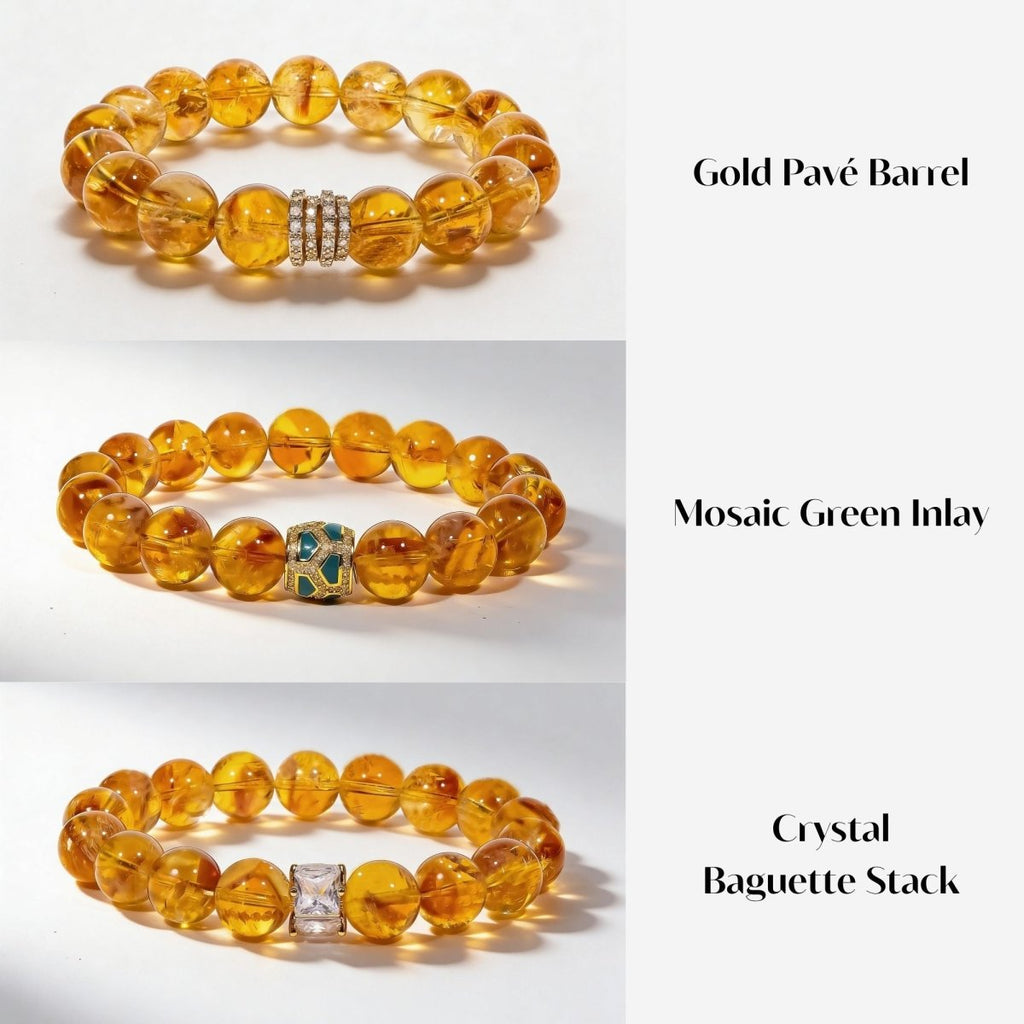 Three Brazilian Citrine Bracelet centerpiece styles: Gold Pavé Barrel, Mosaic Green Inlay, and Crystal Baguette Stack