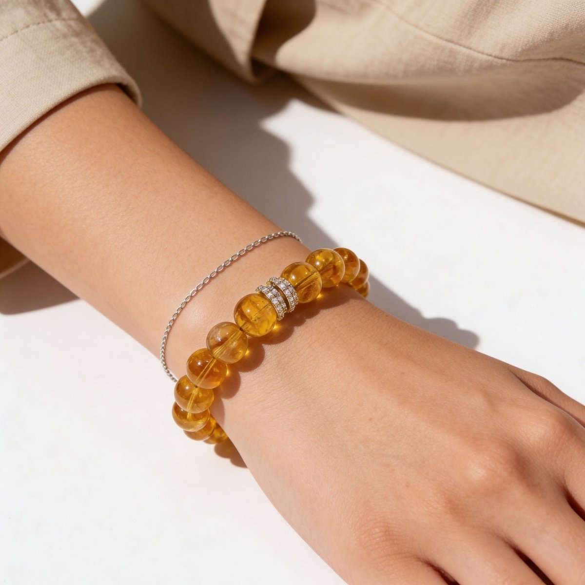 Golden Signature Brazilian Citrine bracelet with Gold Pavé Barrel styled on the wrist